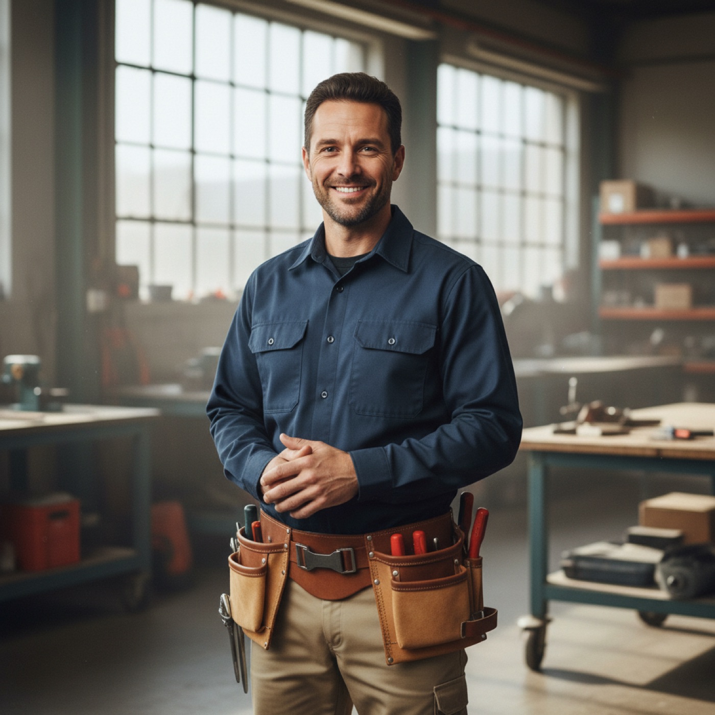 Handwerker mit Werkzeuggürtel in der Werkstatt