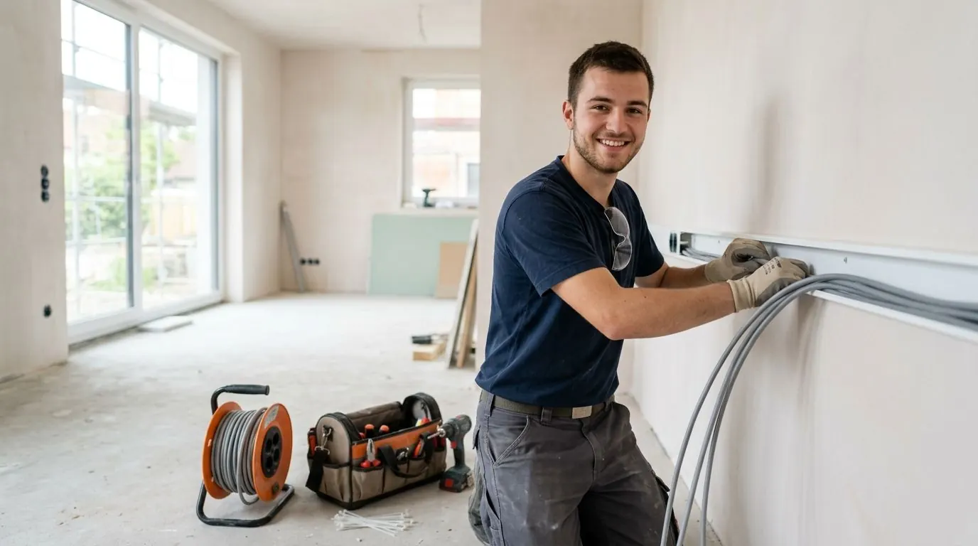 Elektrohelfer verlegt Kabel in einem Kabelkanal im Neubau