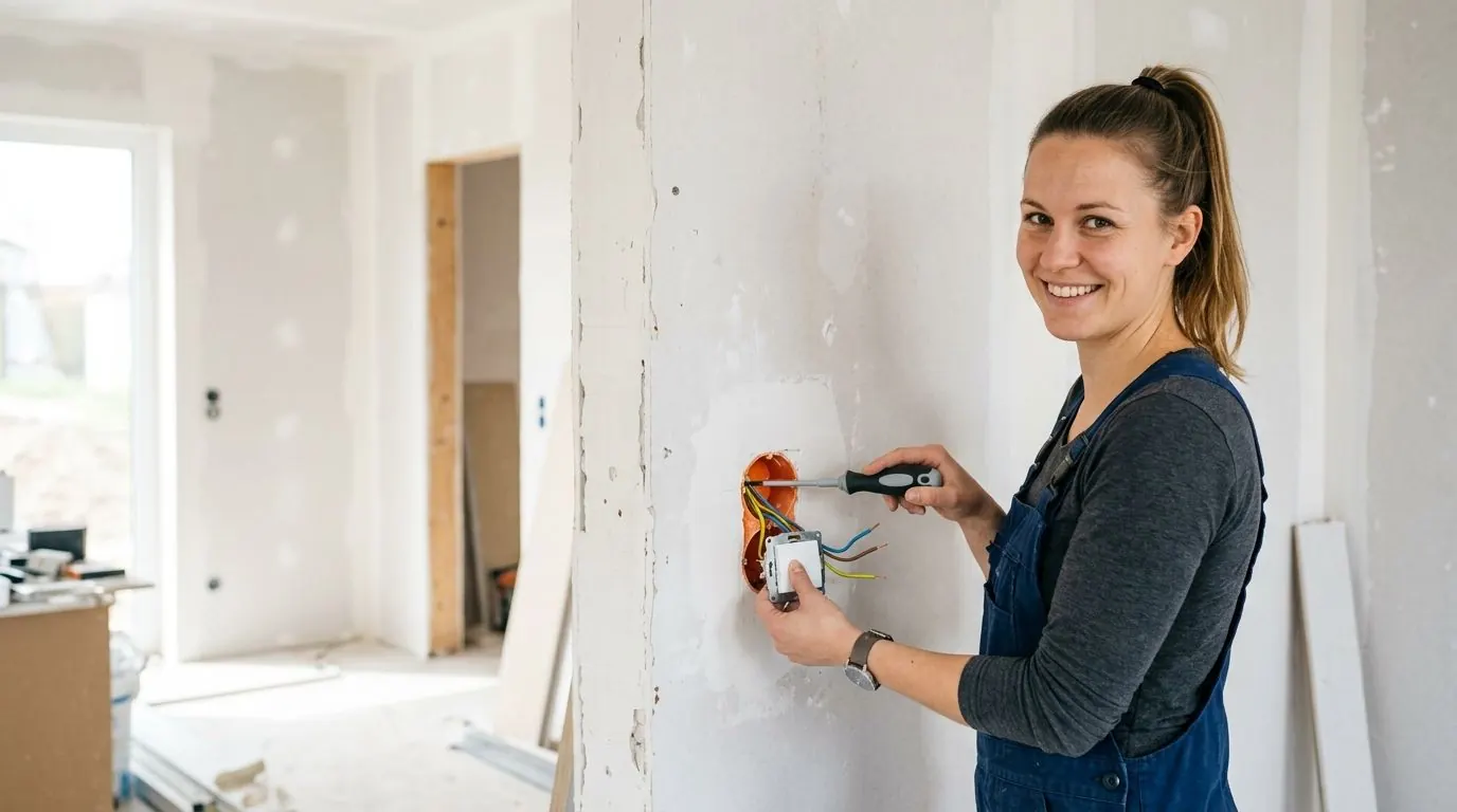 Elektroinstallateurin montiert einen Lichtschalter im Neubau