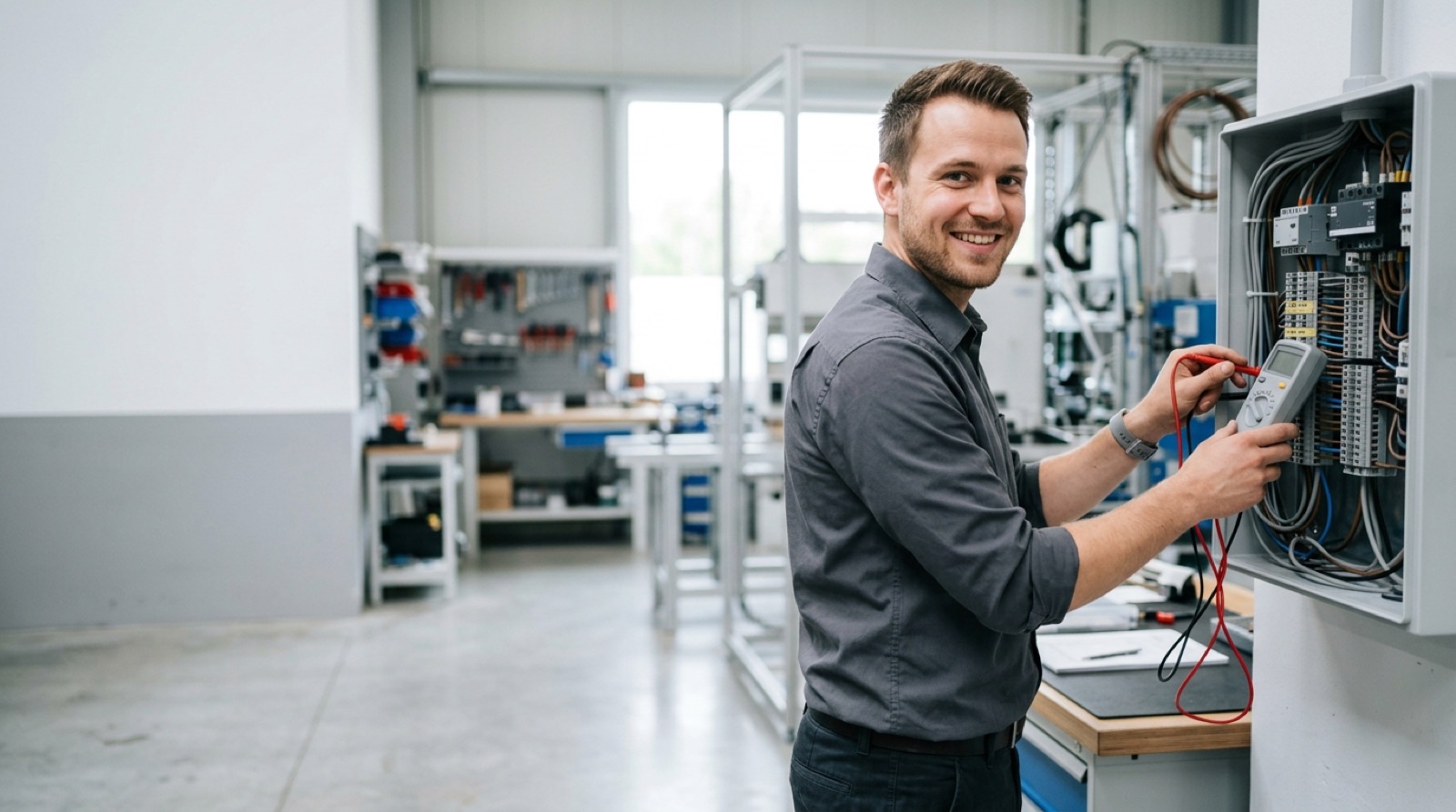 Elektroniker prüft eine Klemmleiste mit einem Multimeter