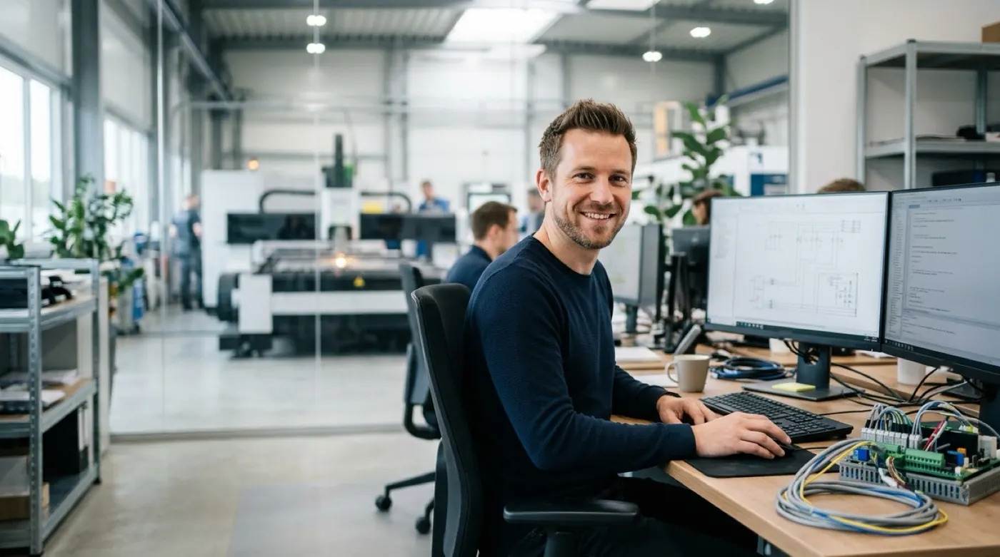Elektroingenieur am Arbeitsplatz mit Schaltplänen, im Hintergrund eine Laserschneidanlage
