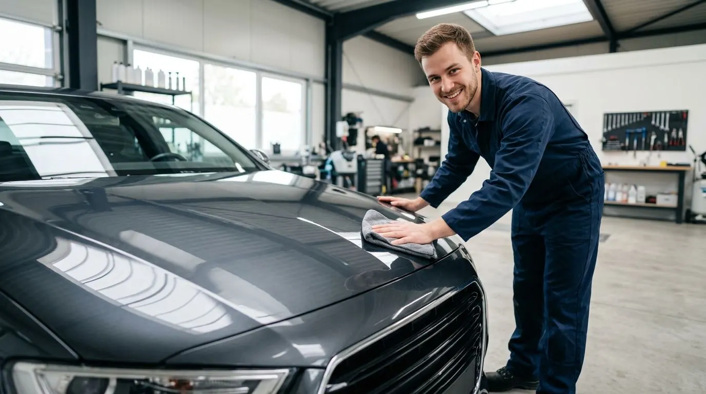 Fahrzeugpfleger poliert die Motorhaube eines Autos