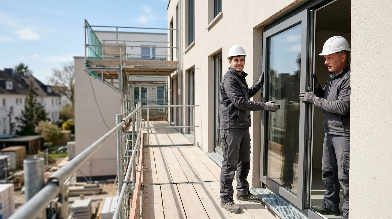 Fenster- und Fassadenmonteure setzen ein Fensterelement am Neubau ein