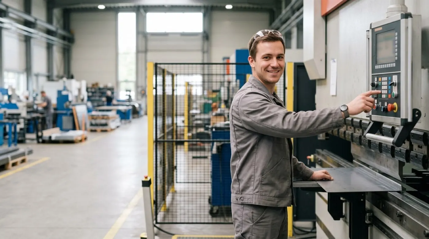 Fertigungstechniker bedient eine moderne Biege-/Stanzmaschine