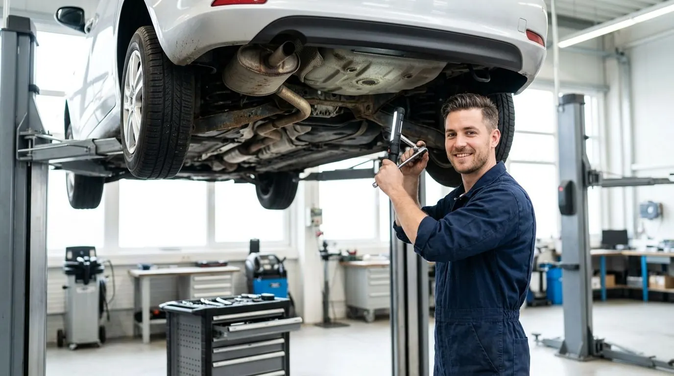 KFZ-Mechatroniker arbeitet unter einem Auto auf der Hebebühne