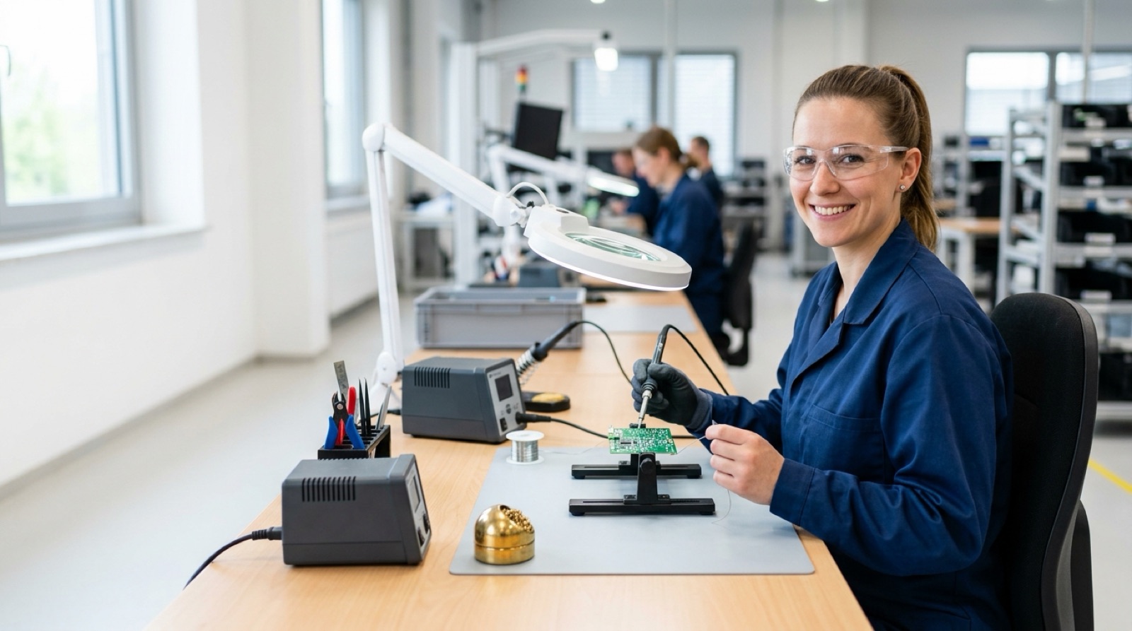 Produktionshelferin lötet eine Leiterplatte am Elektronik-Arbeitsplatz