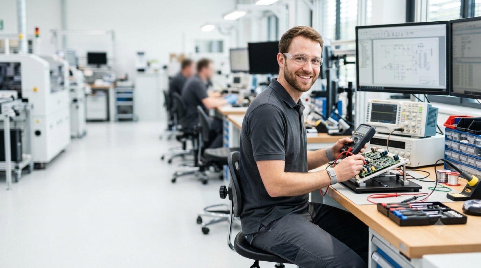 Mechatroniker prüft eine elektronische Baugruppe am Prüfarbeitsplatz