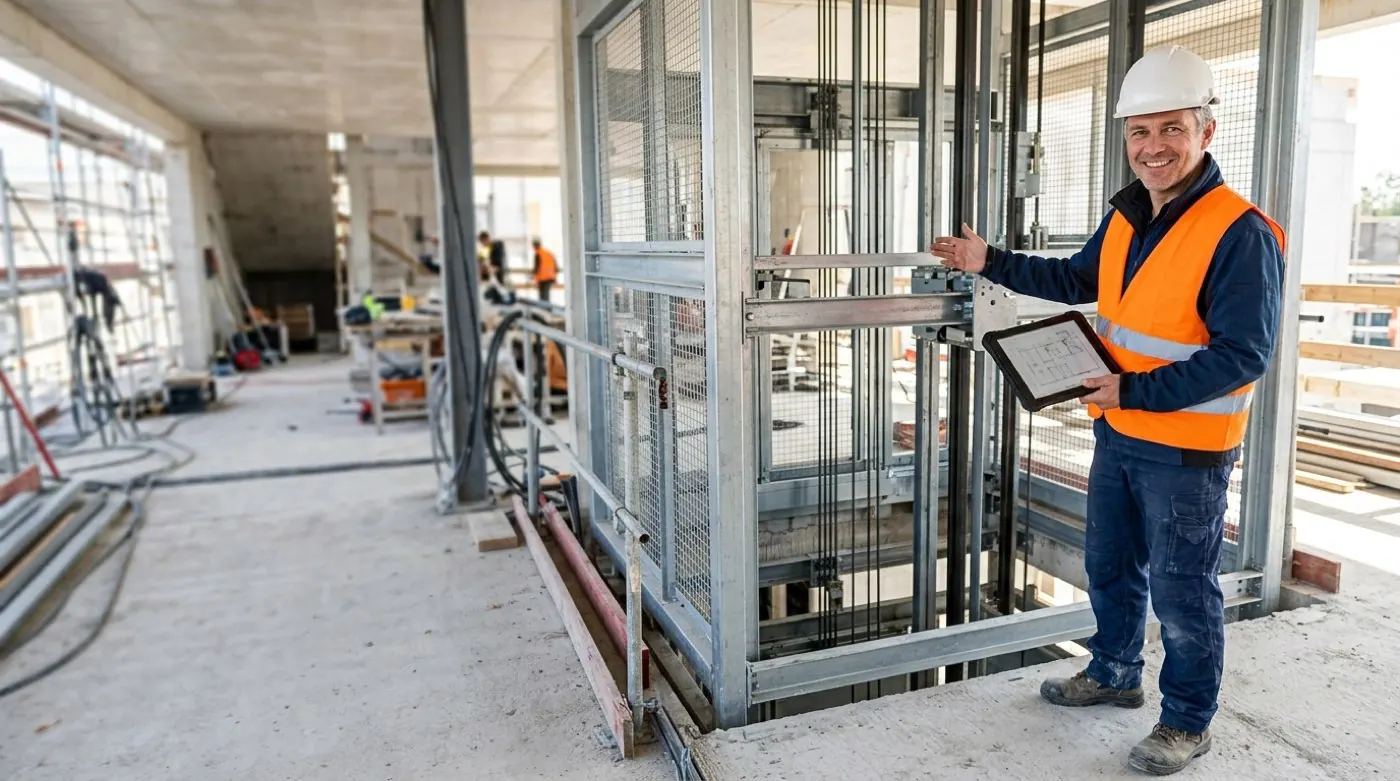 Montageleiter prüft auf der Baustelle einen Aufzugsschacht