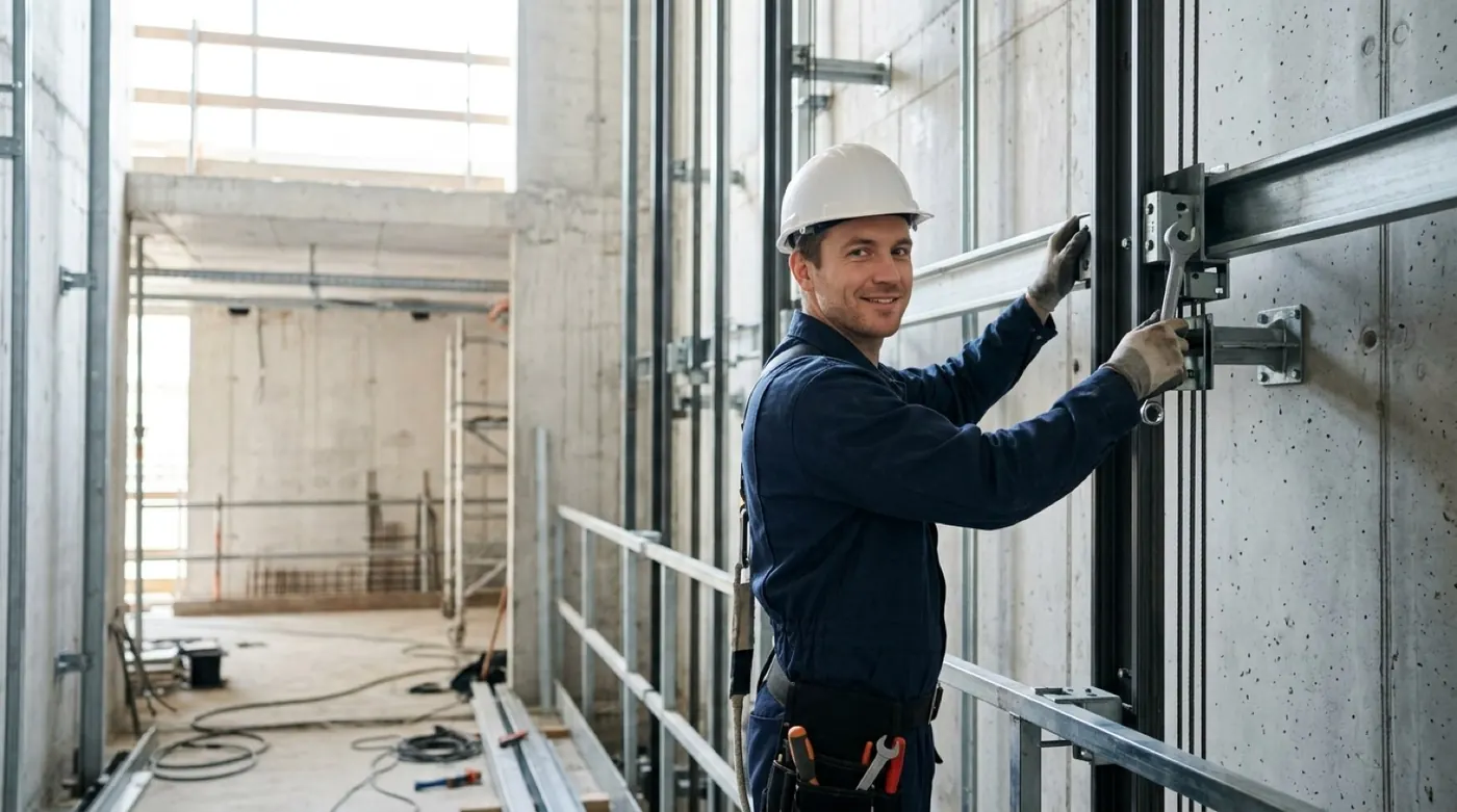Monteur montiert Bauteile einer Aufzugsanlage im Rohbau