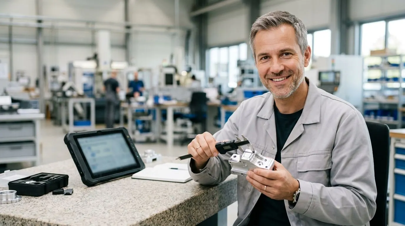 Industriemeister prüft ein Metallbauteil mit dem Messschieber