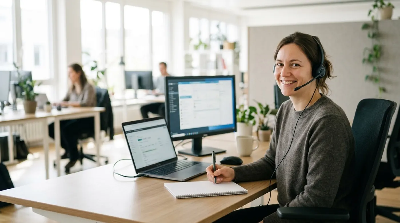 Service-Admin-Mitarbeiterin telefoniert im modernen Büro