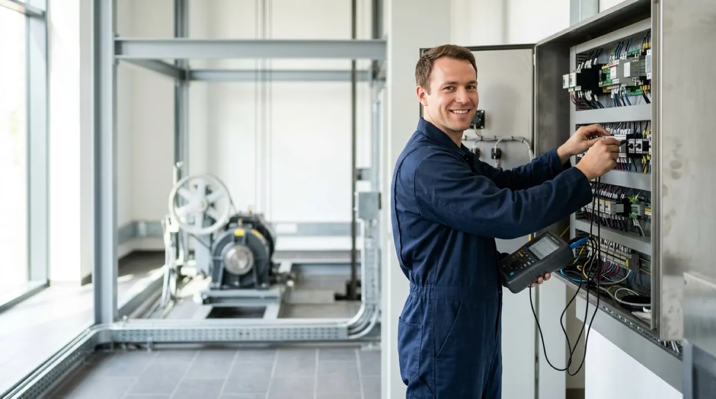 Servicetechniker prüft die Steuerung einer Aufzugsanlage