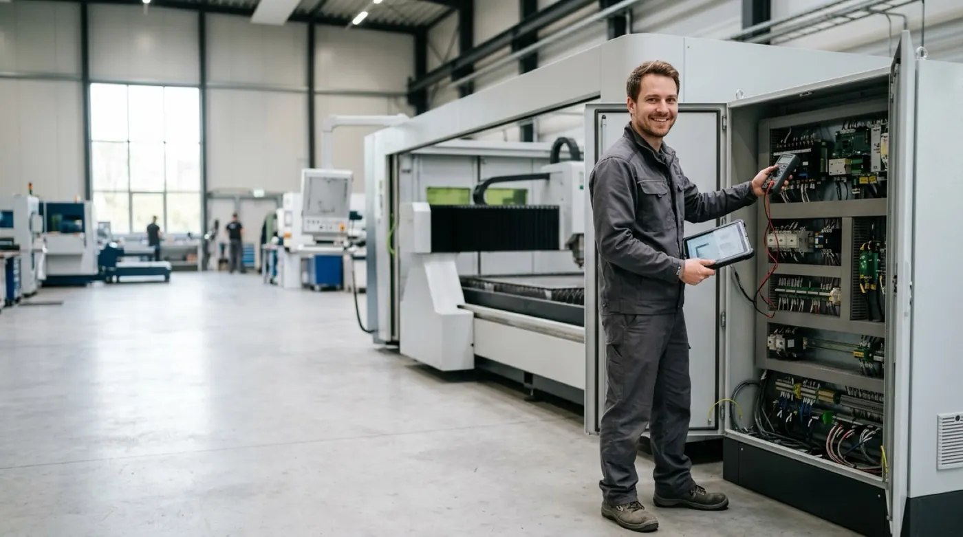 Servicetechniker prüft den Schaltschrank einer Laserschneidanlage