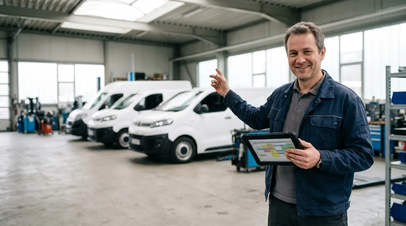 Teamleiter Service bespricht den Einsatzplan in der Fahrzeughalle