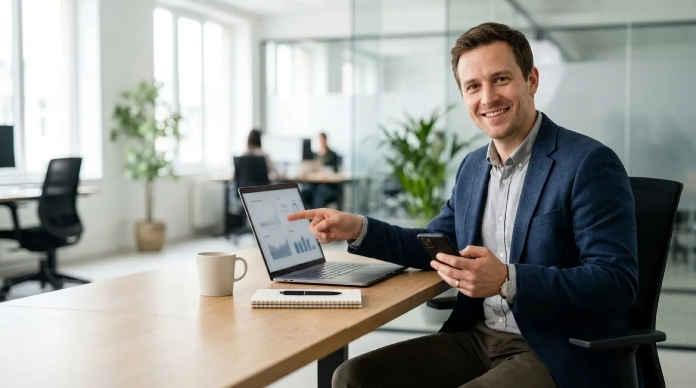 Vertriebsmitarbeiter zeigt im Büro auf ein Laptop-Display